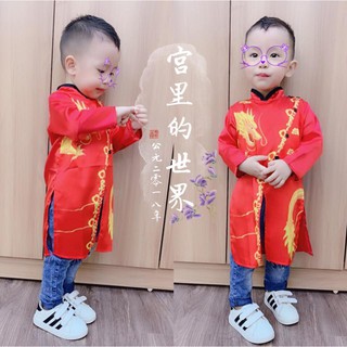 Áo dài phi lụa cao cấp in hình rồng cho bé