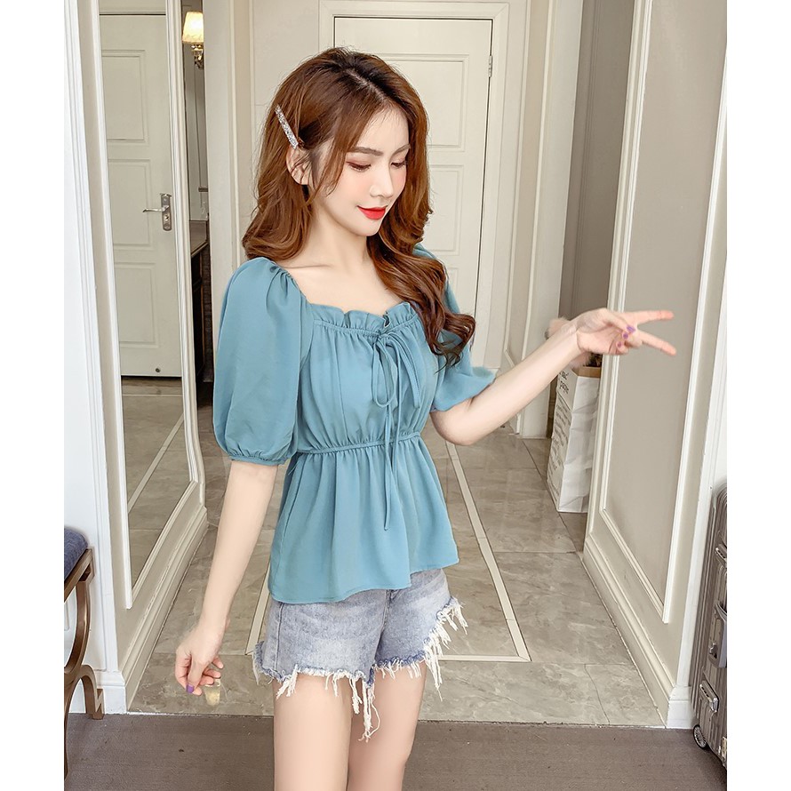 áo sơ mi nữ nơ ngực bo tay cổ vuông