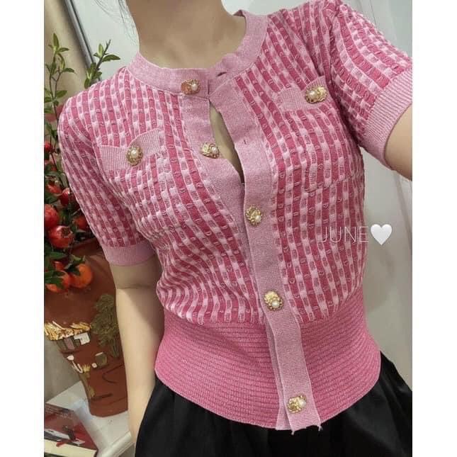 Áo len nữ Quảng Châu thiết kế ngắn tay tiểu thư màu hồng siêu co dãn, Áo kiểu nữ rẻ đẹp khuy ngọc,chất len mềm