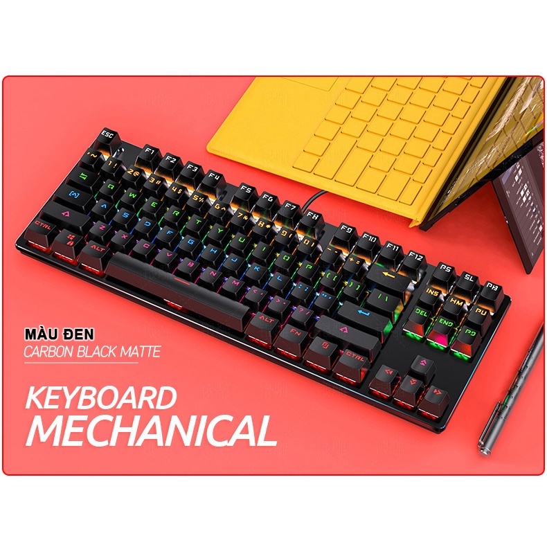 Bàn phím cơ gaming TKL 87 key mini SIDOTECH Blue Switch cảm giác bấm chơi game tốt có LED RGB 7 màu