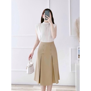 Chân váy công sở xòe chữ A xếp ly đúp đính cúc bọc 110