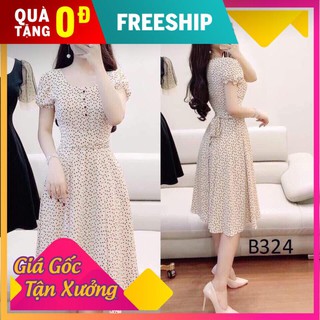 free ship- ĐẦM XÒE CHẤM BI LỤA -TAY PHỒNG QUÝ PHÁI