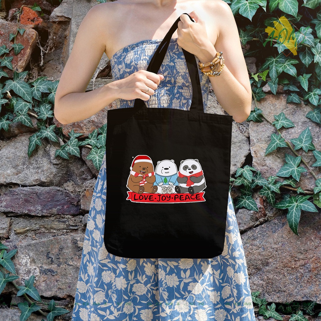 TOTE CANVAS Kawaii 3 chú gấu we are bear TÚI VẢI ĐEO VAI BAG CÓ KHÓA KÉO SIZE LỚN 33x38cm AOMIVN DU LỊCH DẠO PHỐ AOMI