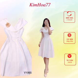 Váy xòe đầm nữ dự tiệc freesize chất kate lụa cổ bèo đính hoa Kimhoa77