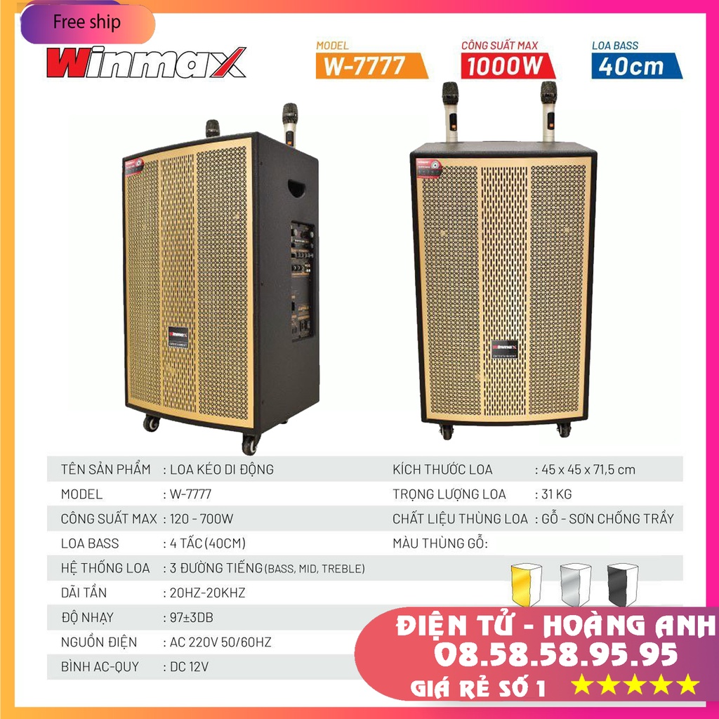 Loa kéo di động Winmax-W7777 công xuất 1000W Bass 4 tấc Vỏ gỗ chắc hát karaoke cực hay với đôi mic xịn hút giọng cực tốt
