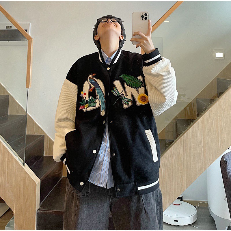 Áo Khoác Bóng Chày Vải Nhung Dáng Rộng Thêu Họa Tiết Kiểu Hàn Quốc Cá Tính Cho Nam
