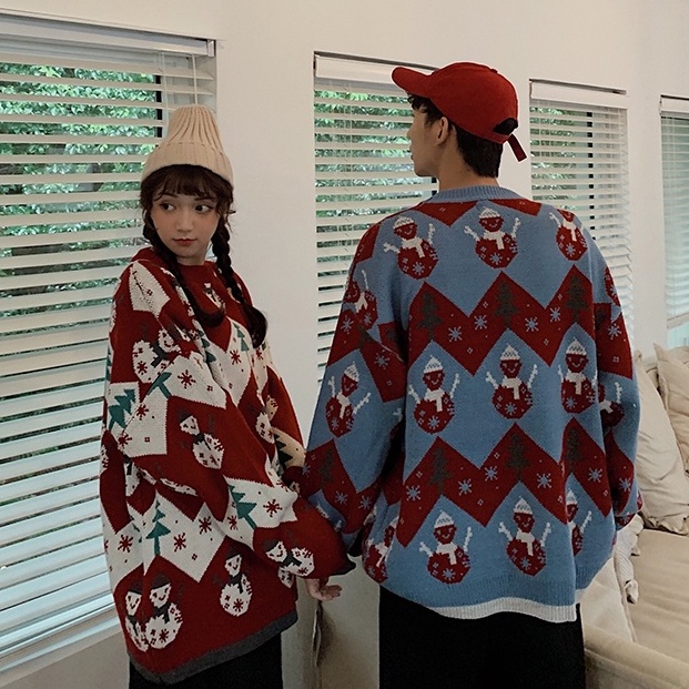 Áo Len Chui Đầu Dáng Rộng Họa Tiết Giáng Sinh Màu Đỏ Thời Trang Cho Nam Và Nữ Size S-2XL