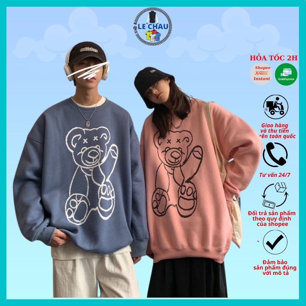 Áo sweater nỉ unisex form rộng hoodie street style nam nữ ulzzang hottrend AKN20 LECHAU hình in gấu phản quang cực chất | WebRaoVat - webraovat.net.vn