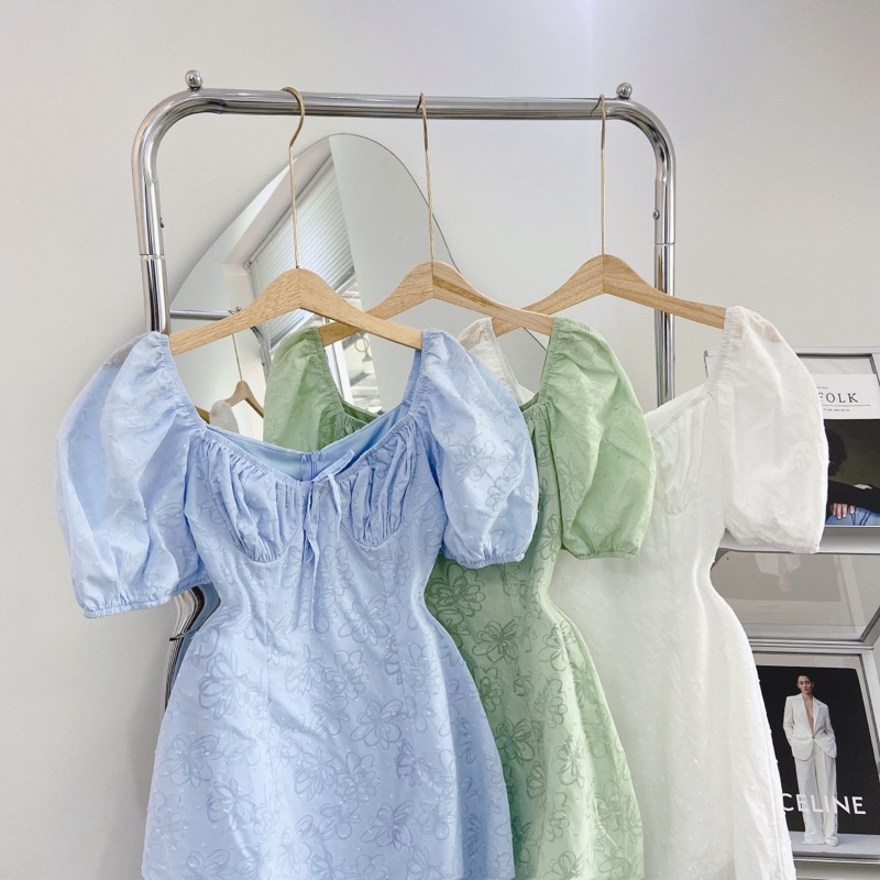 Florence - Đầm vải xô hoạ tiết hoa chìm nhún ngực tay bồng