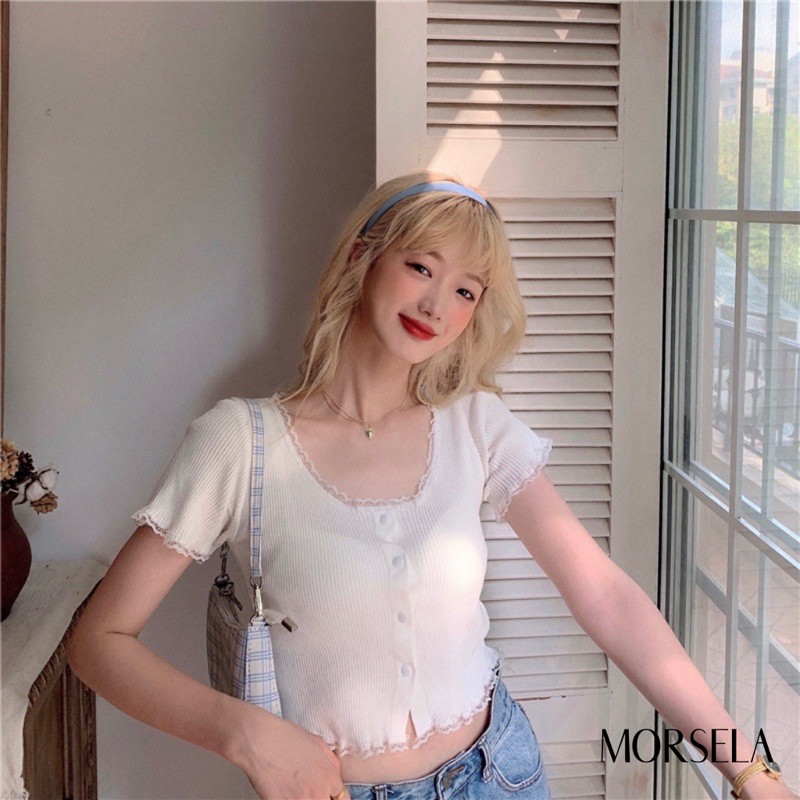 Áo croptop nữ tay ngắn phối ren cách điệu cực xinh - Áo crop top nữ hot trend - Morsela