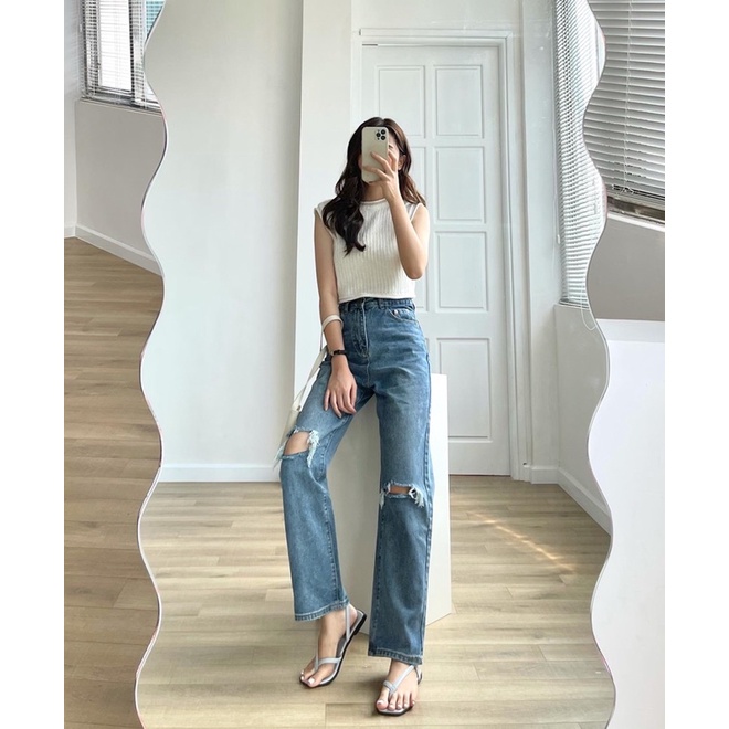 Quần jeans rách 2 gối xanh đậm | BigBuy360 - bigbuy360.vn