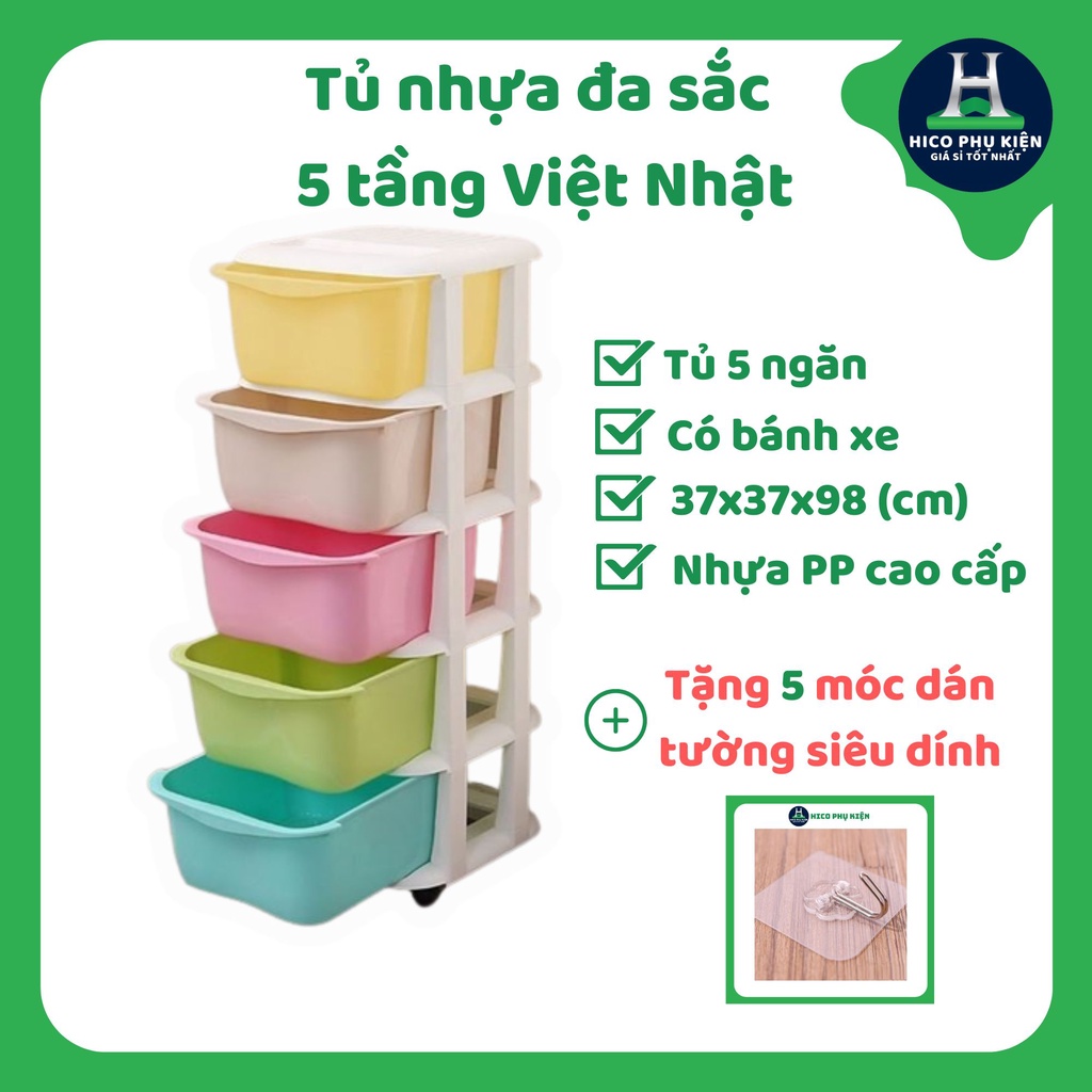 Tủ nhựa đa sắc ngăn kéo 5 tầng cao cấp Việt Nhật có bánh xe di chuyển tiện lợi