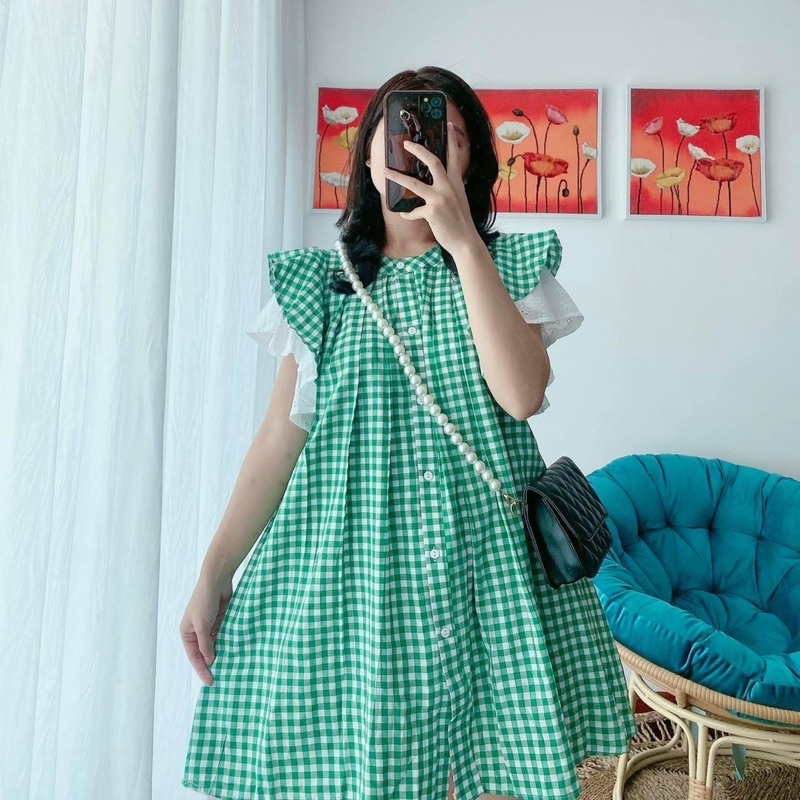 [Siêu Hot] Váy Kẻ Xanh Dáng Babydoll Siêu Xinh Có Ảnh Thật Kèm Video