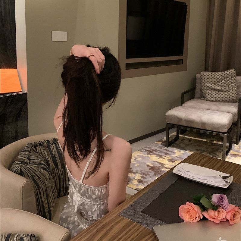 Set đồ ngủ hai dây phối ren họa tiết chấm bi thời trang mùa hè quyến rũ cho nữ