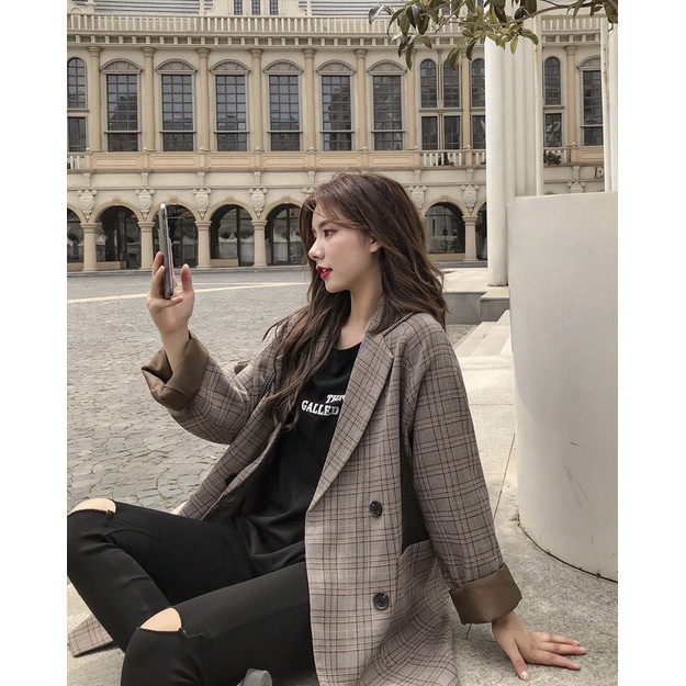 [Ảnh thật] Áo blazer kẻ caro 2 lớp túi nắp phong cách Hàn Quốc - Áo vest caro dáng rộng ulzzang