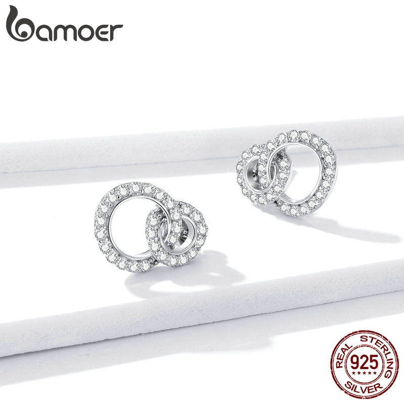 Bông tai Bamoer BSE388 hai vòng bạc 925 cho đính hôn đám cưới