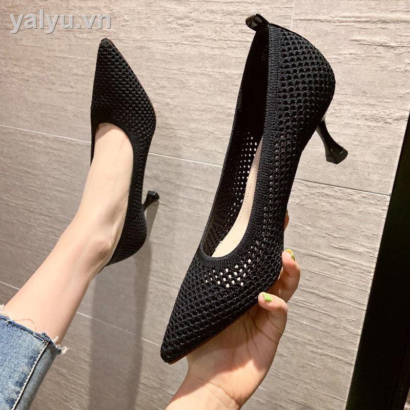 ☼Women s shoes Korean style pointed high heels shallow mouth stiletto sexy single shoes female flying woven mesh breathable 2021ins fashion women s shoes