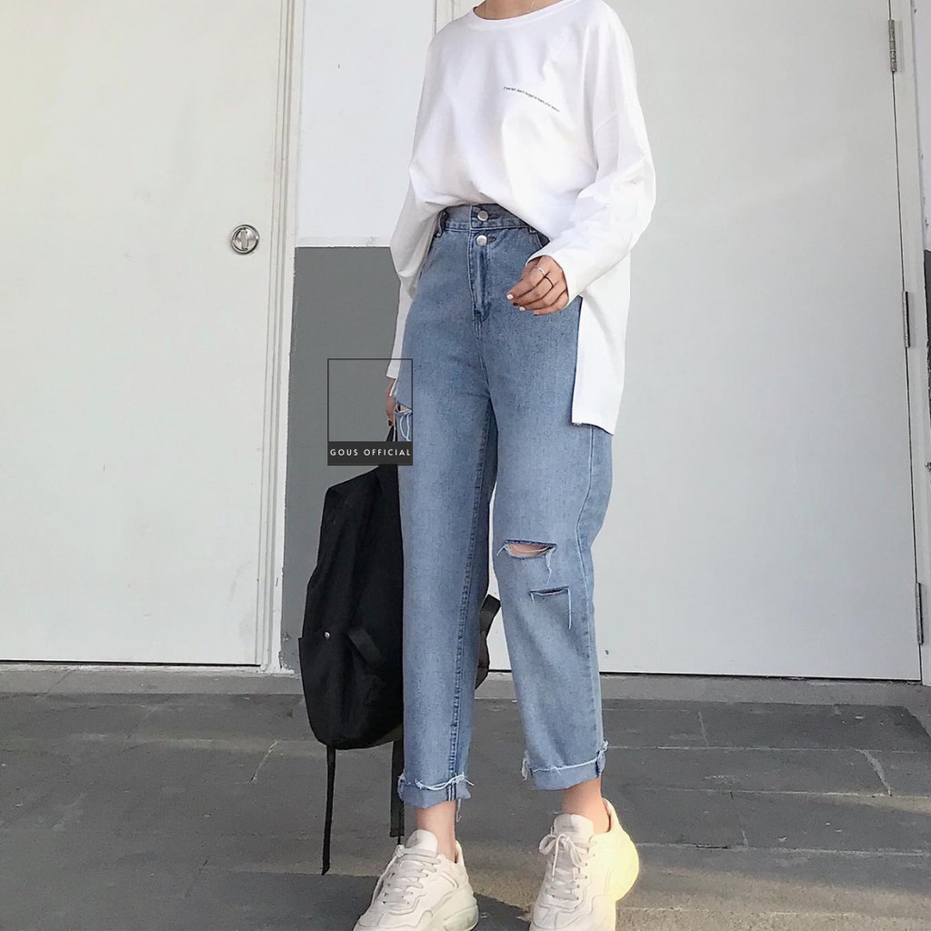 Quần Jean Nữ Baggy Cạp Cao Jeans Xanh Rách Gối Lưng Chun Phong Cách Cá Tính Năng Động Chất Liệu Denim Dày Dặn PLO 2207