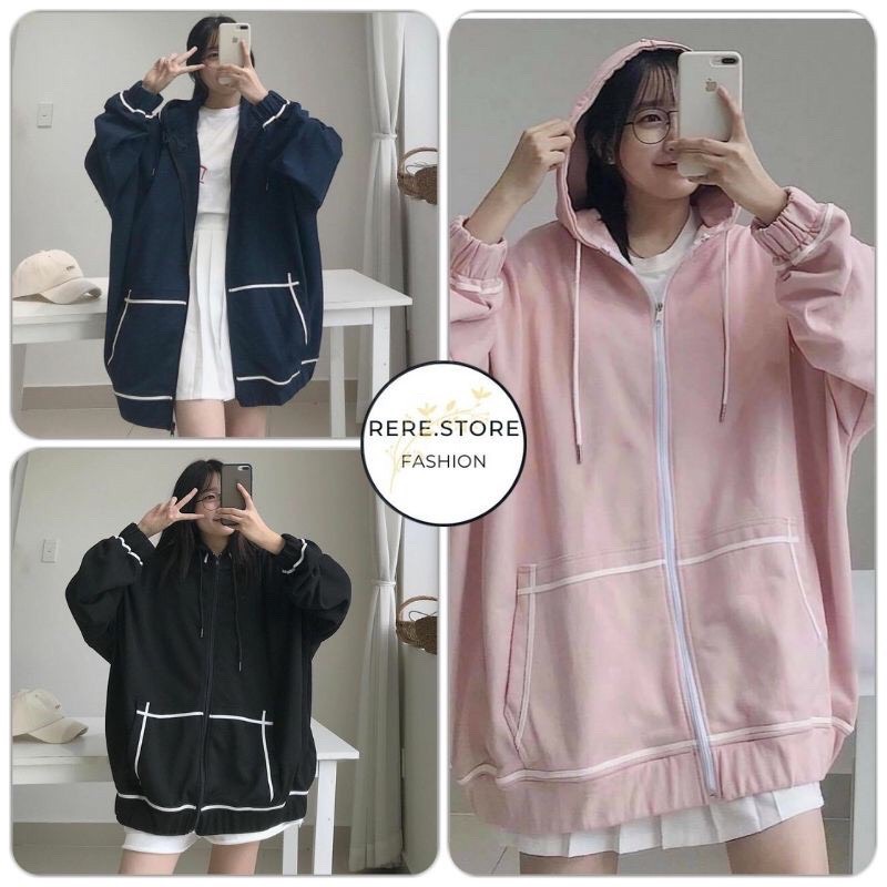 Áo khoác hoodie nữ kẻ viền túi fom rộng | BigBuy360 - bigbuy360.vn