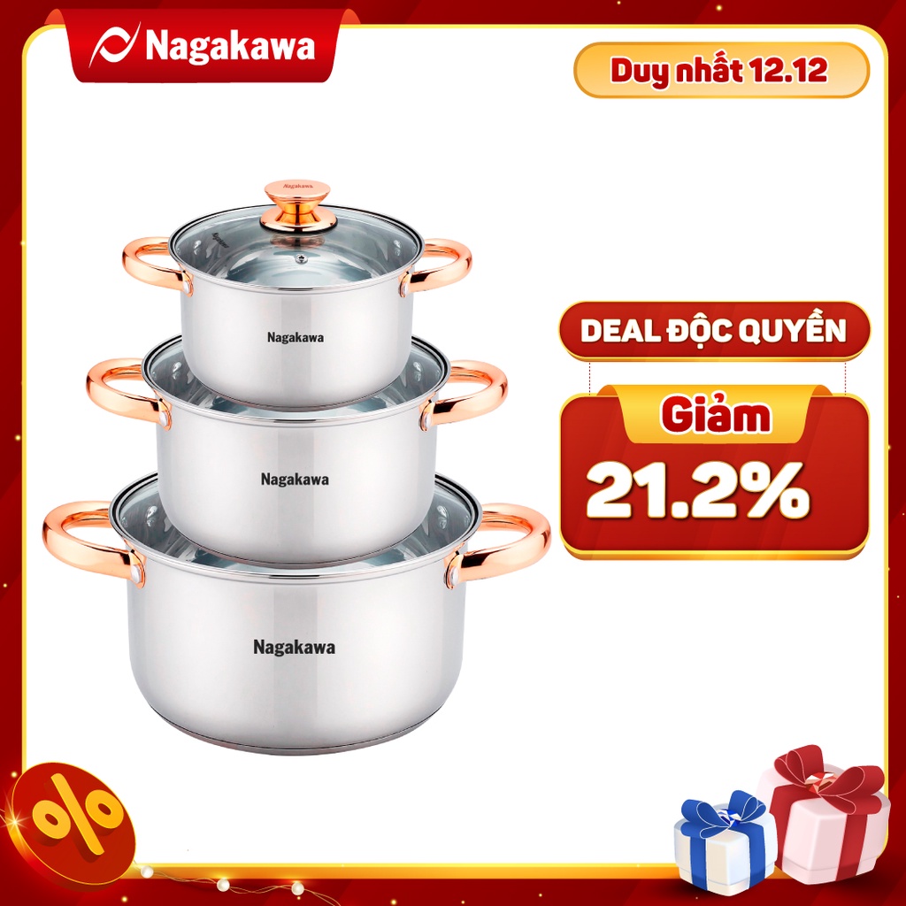 Bộ 3 nồi inox 4 đáy Nagakawa NAG1306 (16cm, 20cm, 24cm) - Quai mạ vàng - Dùng trên mọi loại bếp - Hàng Chính Hãng