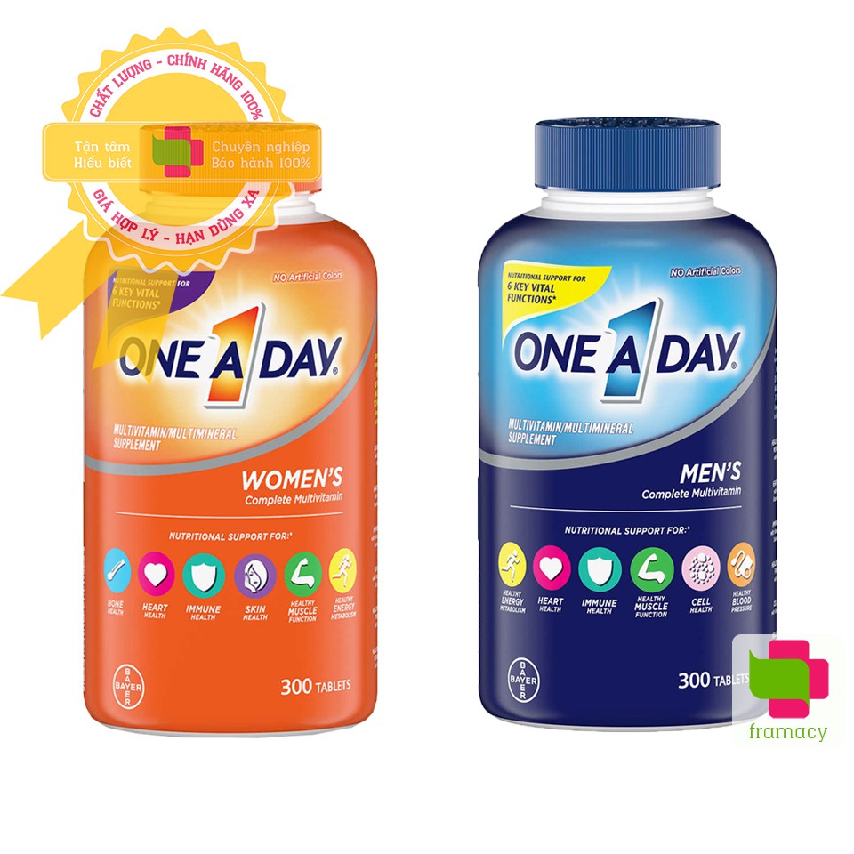 Vitamin tổng hợp One A Day Men's/Women's Multivitamin, Mỹ (300v) tăng sinh lực, miễn dịch cho nam/nữ giới dưới 50 tuổi