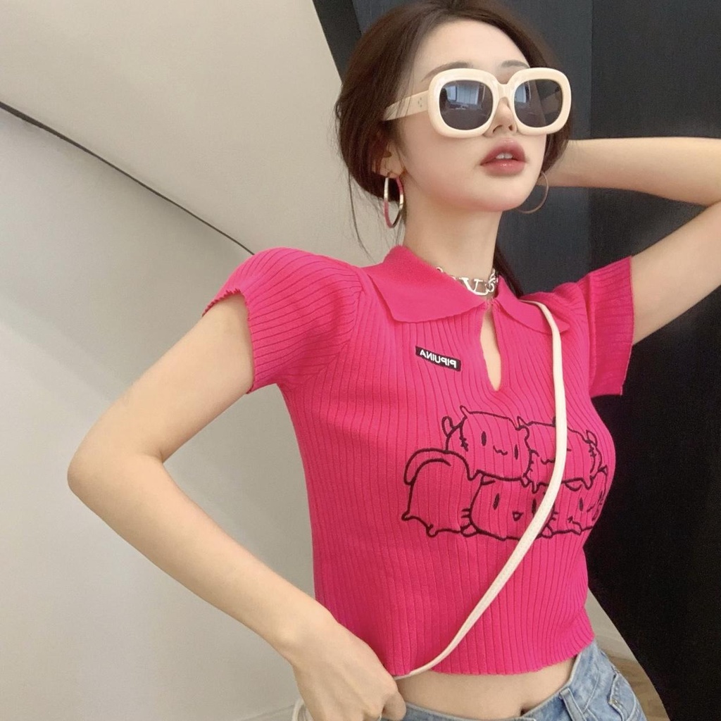 Áo croptop ZHELIHANGFEI cổ polo dệt kim tay ngắn thiết kế quyến rũ cá tính cho nữ