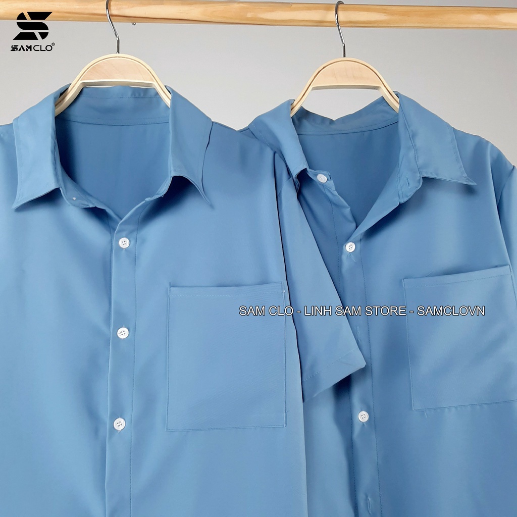 Áo sơ mi nữ cổ bẻ tay lỡ dáng ulzzang freesize form rộng unisex TRƠN MÀU XANH DƯƠNG