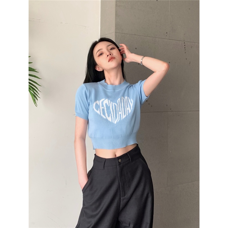 Áo Thun Dệt Kim Dáng Ôm In Chữ Phong Cách Hàn Quốc Thời Trang