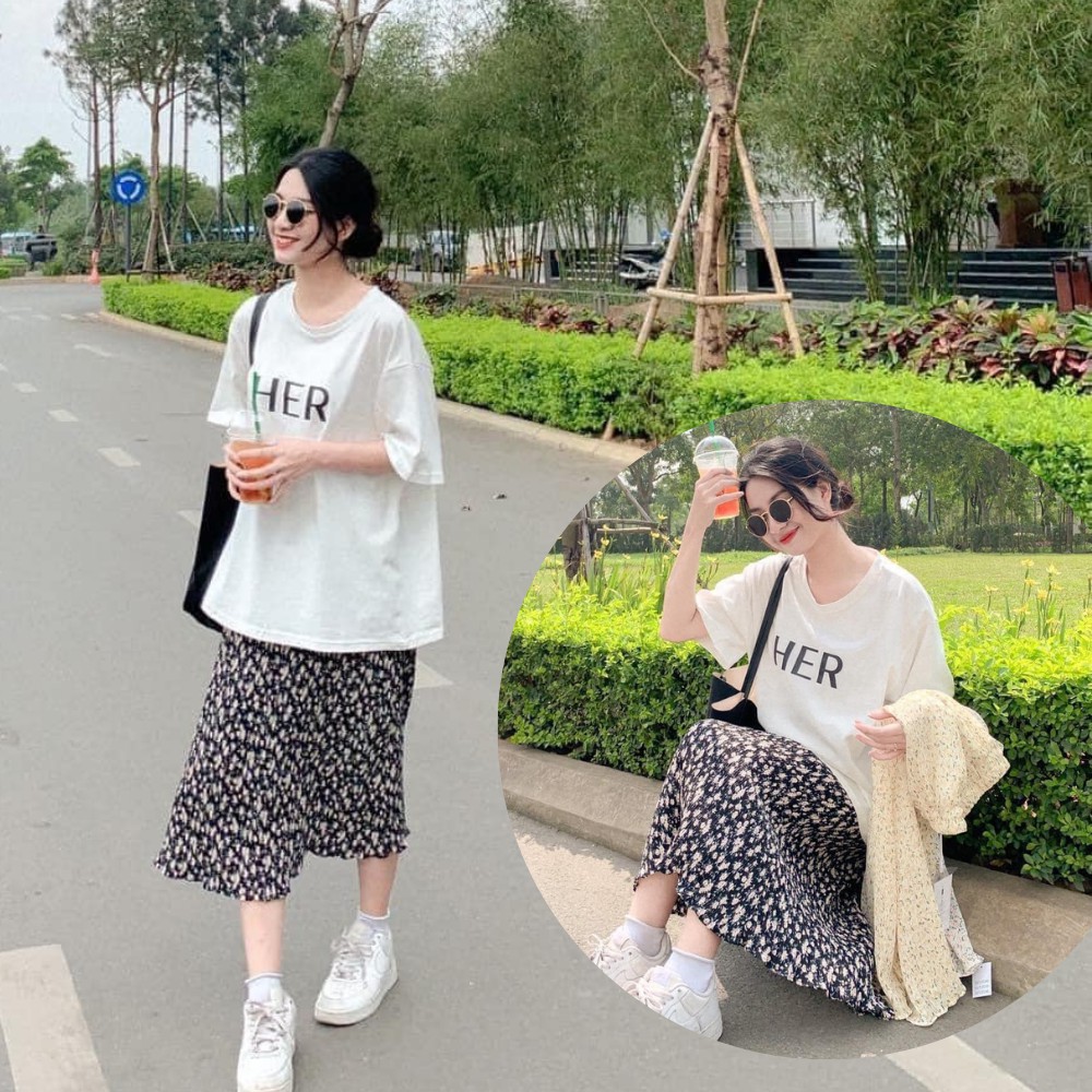 Chân váy hoa nhí dáng dài vintage THUS, Váy cạp lưng cao vải chiffon mềm mịn mát CV3F01