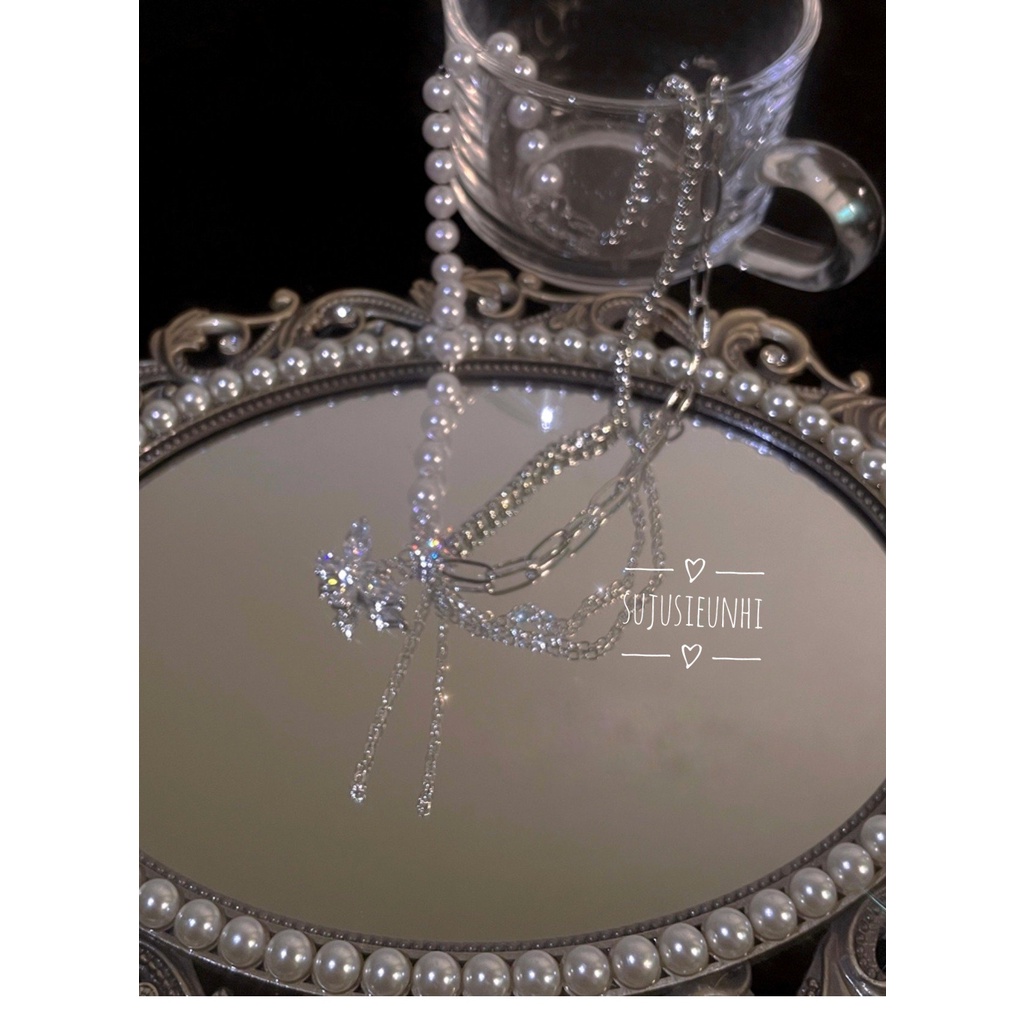 Bộ vòng cổ và nhẫn 2 lớp ngọc phối xích đính đá nhân tạo hình bướm loại đẹp sang trọng cho nữ