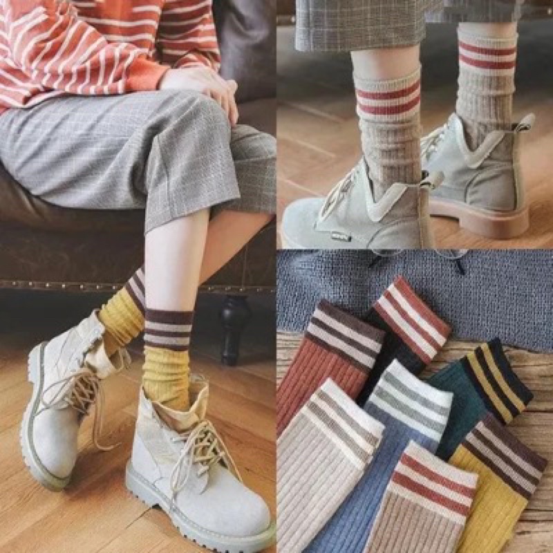 Tất cao cổ kẻ sọc nhiều màu tất nữ phong cách Hàn Quốc.