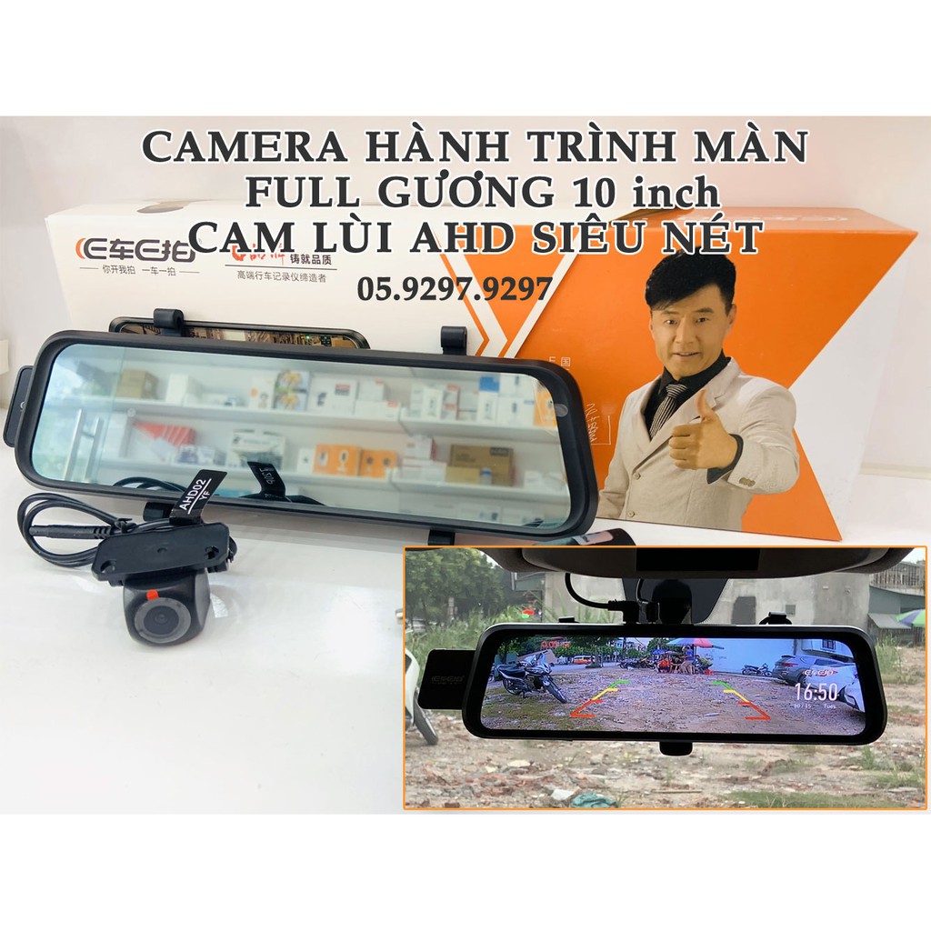 Camera 10 inch Full màn hình có cam lùi - ghi hành trình trước và sau đồng thời, Tiếng Việt, độ nét Full HD