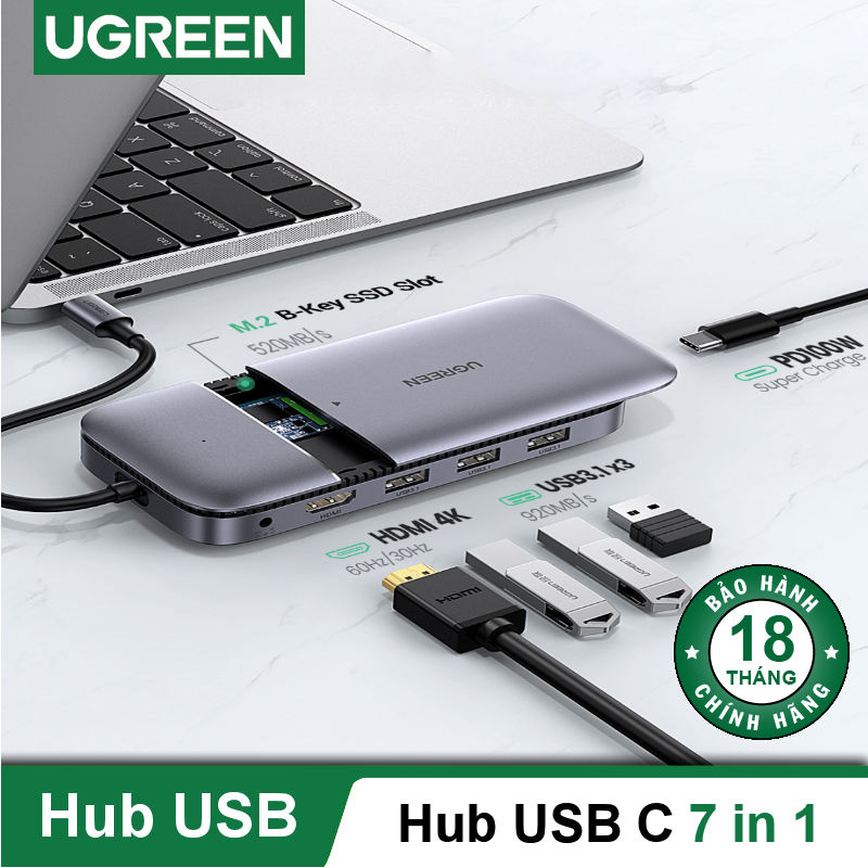 Bộ chuyển đổi USB Type-C 6 in 1 Ugreen 70449 Chính Hãng HDMI 4K@60Hz+USB 3.1 Gen 2 + PD + DC 5V/ 2A + M.2 SATA B-Key