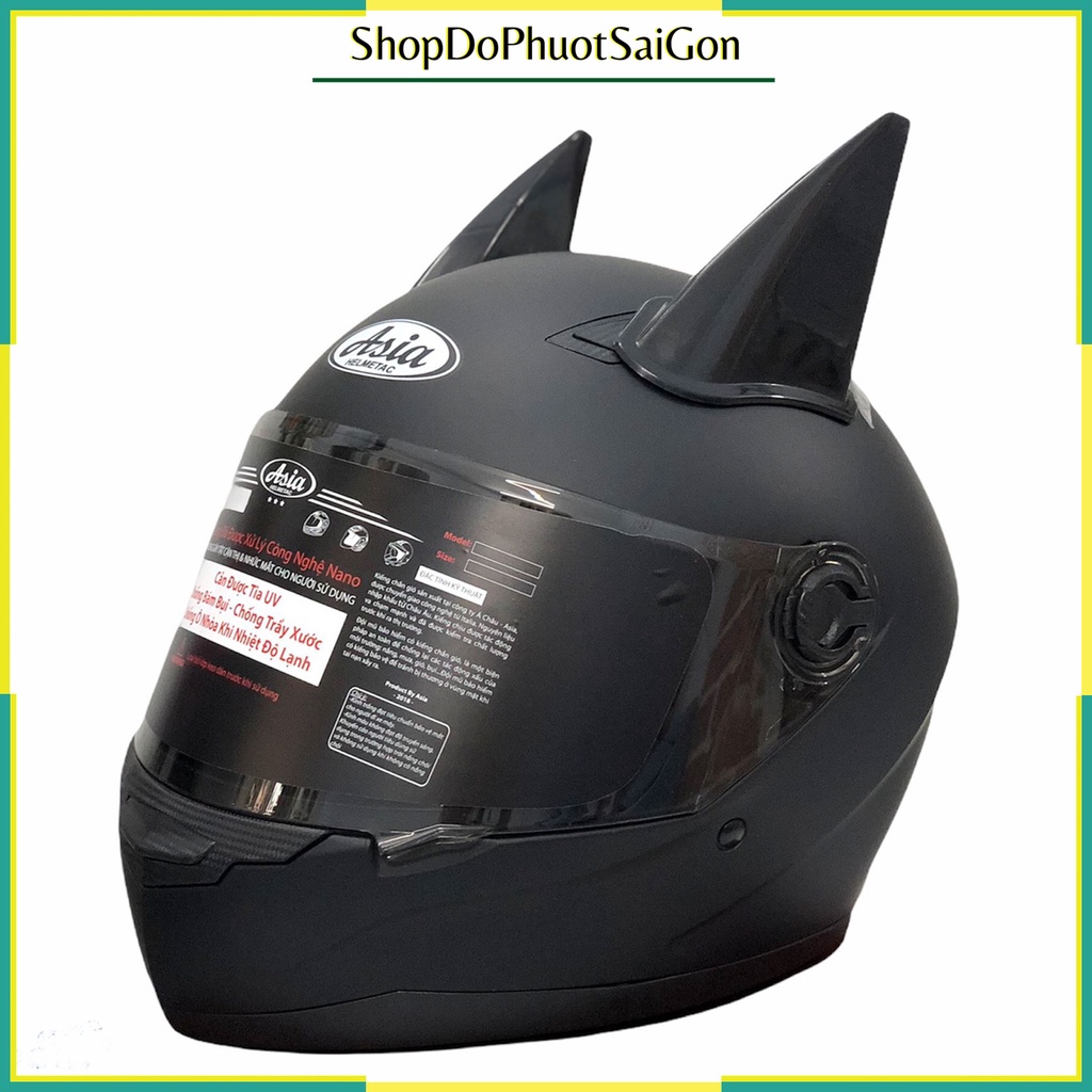 Mũ bảo hiểm fullface ASIA 136 đen nhám gắn sừng batman - Nón bảo hiểm trùm đầu đi phượt giá rẻ
