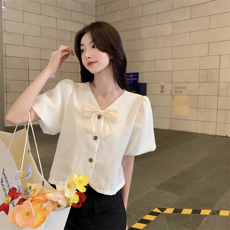 Áo Sơ Mi Tay Ngắn Phồng Dáng Rộng Cổ Chữ V Thắt Nơ Phong Cách Pháp Thời Trang Cho Nữ Hàng Loại 1