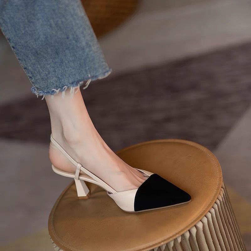 Giày cao gót nữ mũi nhọn dáng slingbacks hở gót sau phối màu