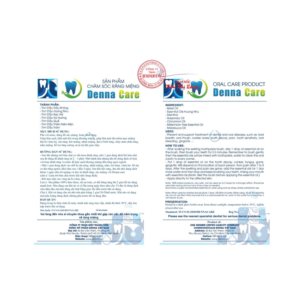 Chăm Sóc Răng Miệng Denna Care Tinh Dầu Ngăn Ngừa Sâu Răng, Hôi Miệng