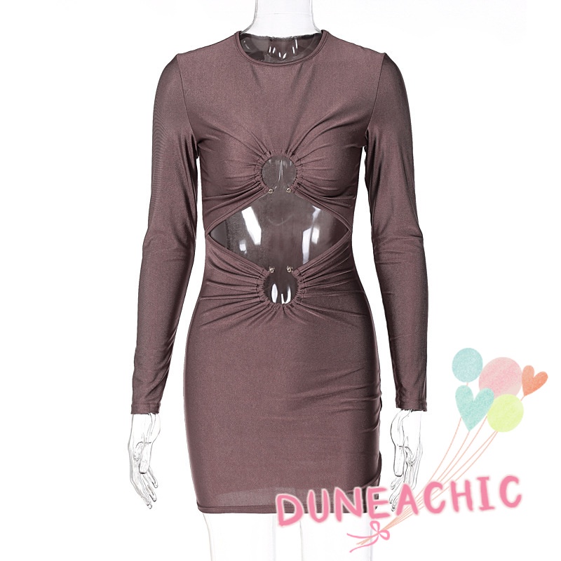 DUNEA Đầm tay dài ôm dáng màu trơn thời trang quyến rũ dành cho nữ