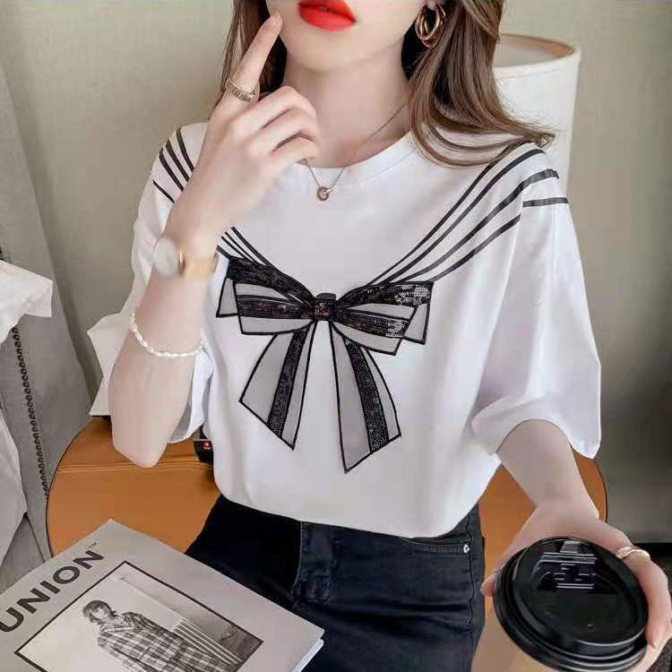 Áo Thun Đen Tay Ngắn Dáng Rộng Phối Nơ Thời Trang Mùa Hè