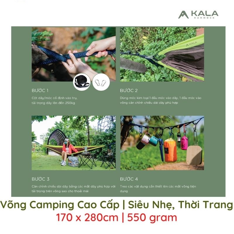 Võng Camping Cao Cấp | Siêu Nhẹ | Thời Trang | 170 x 280cm | Đủ Màu | Gấp Gọn 19x11cm | Tặng Dây + 2 Móc | VT MART