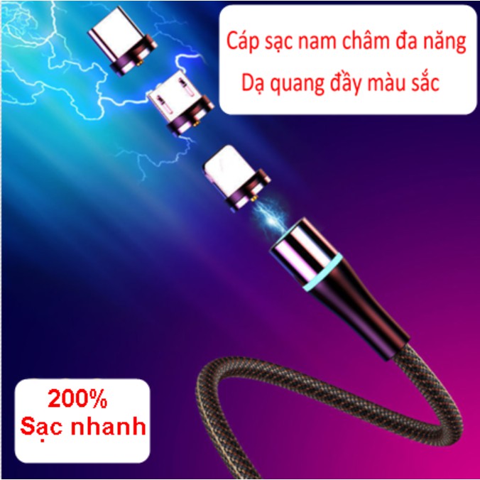 Cáp Sạc Nam Châm Hỗ Trợ Sạc Nhanh- 3 Đầu Sạc Lightning, Micro USB, Typ - Độ Dài 1 Mét, Tròn Xoay 360 Độ - Bọc Dù Cao Cấp