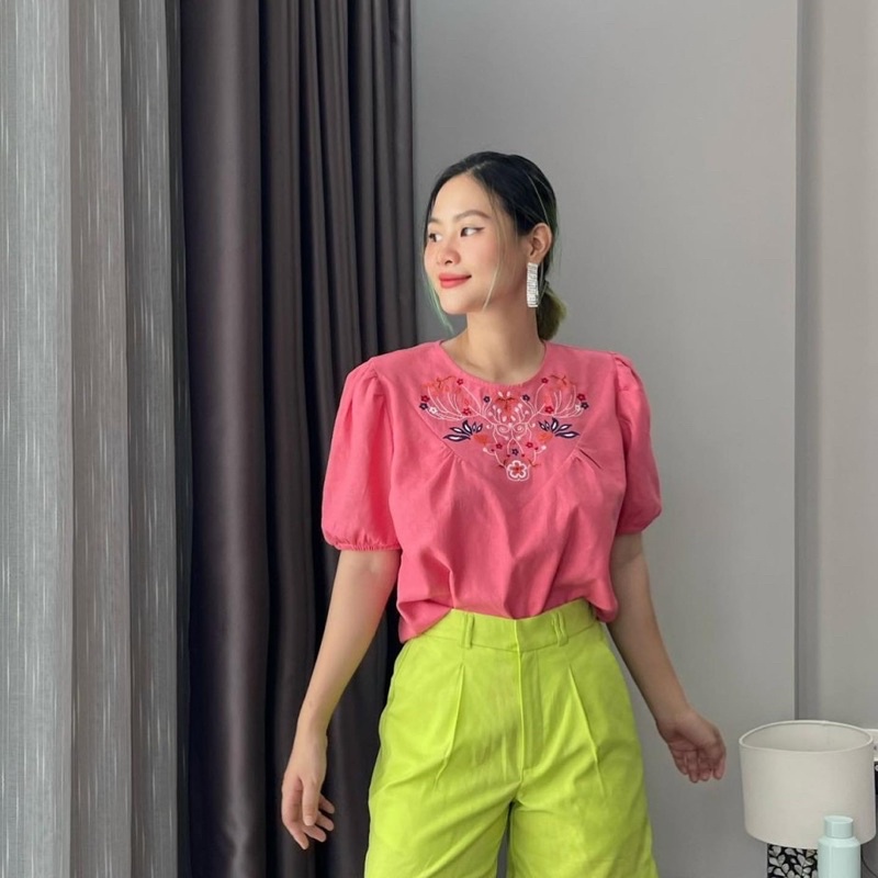 ✅Freeship✅Áo thêu hoa, chất vải linen ít nhăn.Hình cận vải shop chụp thật