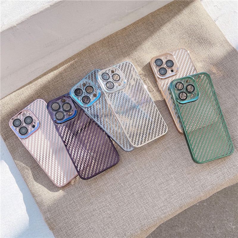 Ốp Điện Thoại Sợi Carbon Mạ Điện Kèm Miếng Dán Bảo Vệ Camera Cho iPhone 13 12 11 Pro Max X XR XS Max SE 2022 7 8 Plus