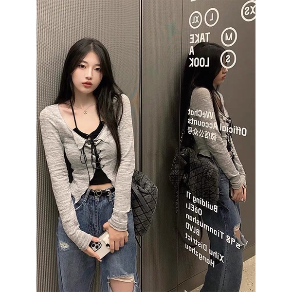 Set áo màu muối tiêu đan dây da mix yếm đen sexy