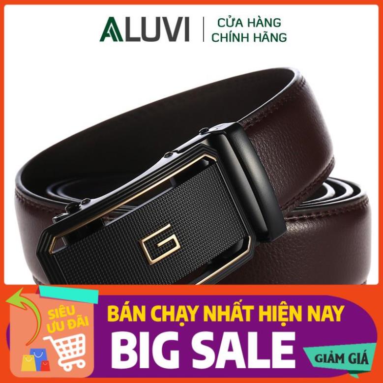 Thắt lưng nam da thật Aluvi, kiểu dây nịt nam cao cấp sang trọng chữ G, chất liệu da bò thật, khóa tự động - T8 Xịn