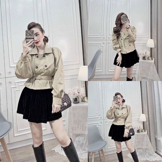 Áo khoác kaki nữ, Áo khoác kaki 2 lớp dáng ngắn kèm đai, chất kaki xịn