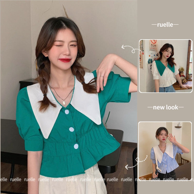 Áo Sơ Mi Tay Phồng Ngắn Phong Cách Hàn Quốc Màu Sắc Tương Phản Thời Trang Mùa Hè Cho Nữ