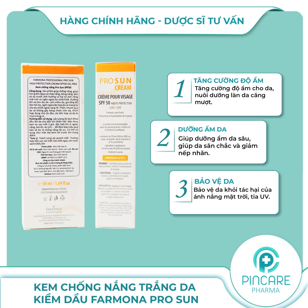 Kem chống nắng Farmona Professional Pro Sun 50ml - Kem chống nắng cho da mụn kiềm dầu - Hàng chính hãng - Pincare