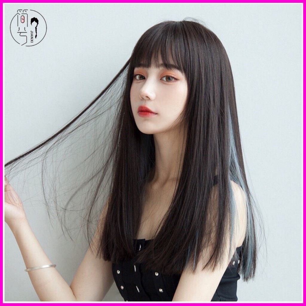 Tóc giả nữ nguyên đầu cao cấp thẳng light xanh xu hướng 2021