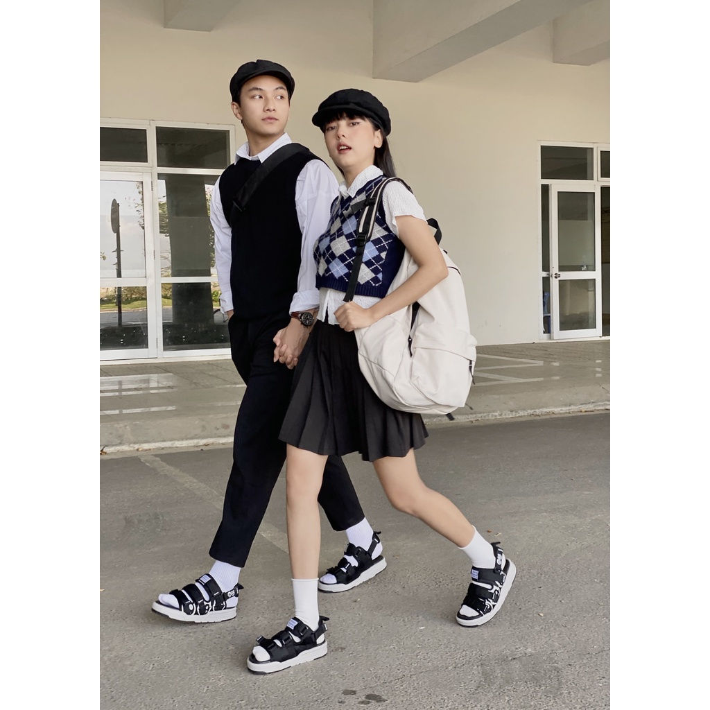 Sandal dép nam nữ Buenas SD-6868 - đen ghi in hoạ tiết - giày xăng-đan học sinh đế cao 3 phân chính hãng